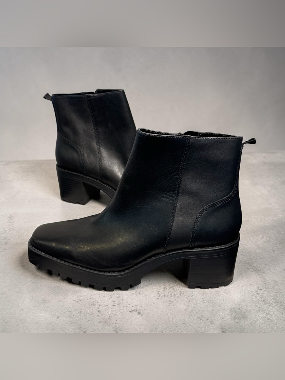 Andre Assous Black Leather Lug-Sole Ankle Booties, size 9.5, NWOT